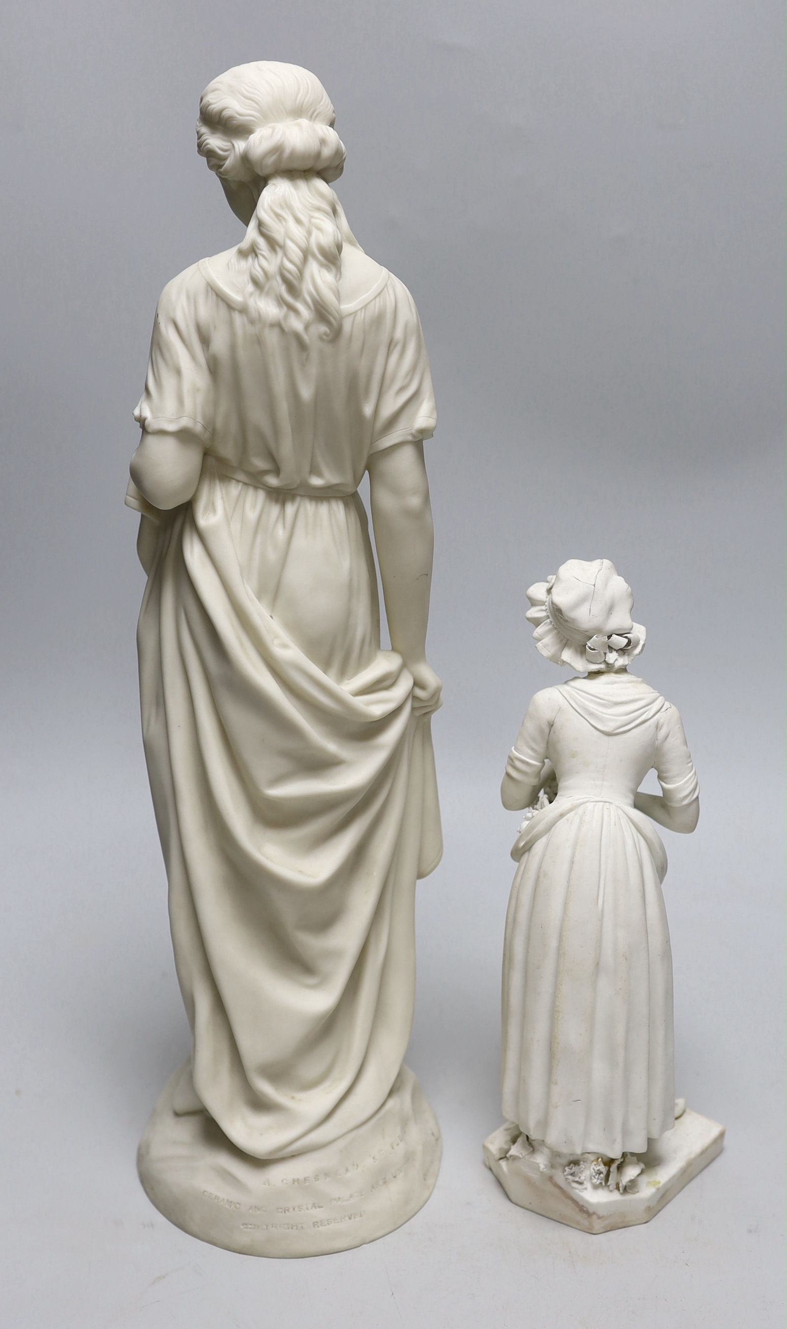 A Derby biscuit figure of a female gardener, c.1780, and a Copeland Parian female figure, the largest 43cm high